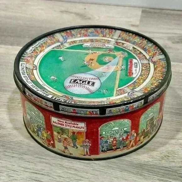 Vintage Eagle Nuts Baseball Ballpark Style Peanuts Themed 7" Aluminum Tin W Lid - Picture 2 of 8